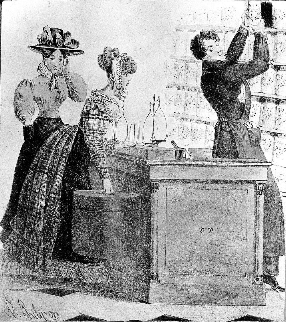 A young male apothecary serving two young women in his shop. Coloured lithograph by C. Philipon, ca. 1830.