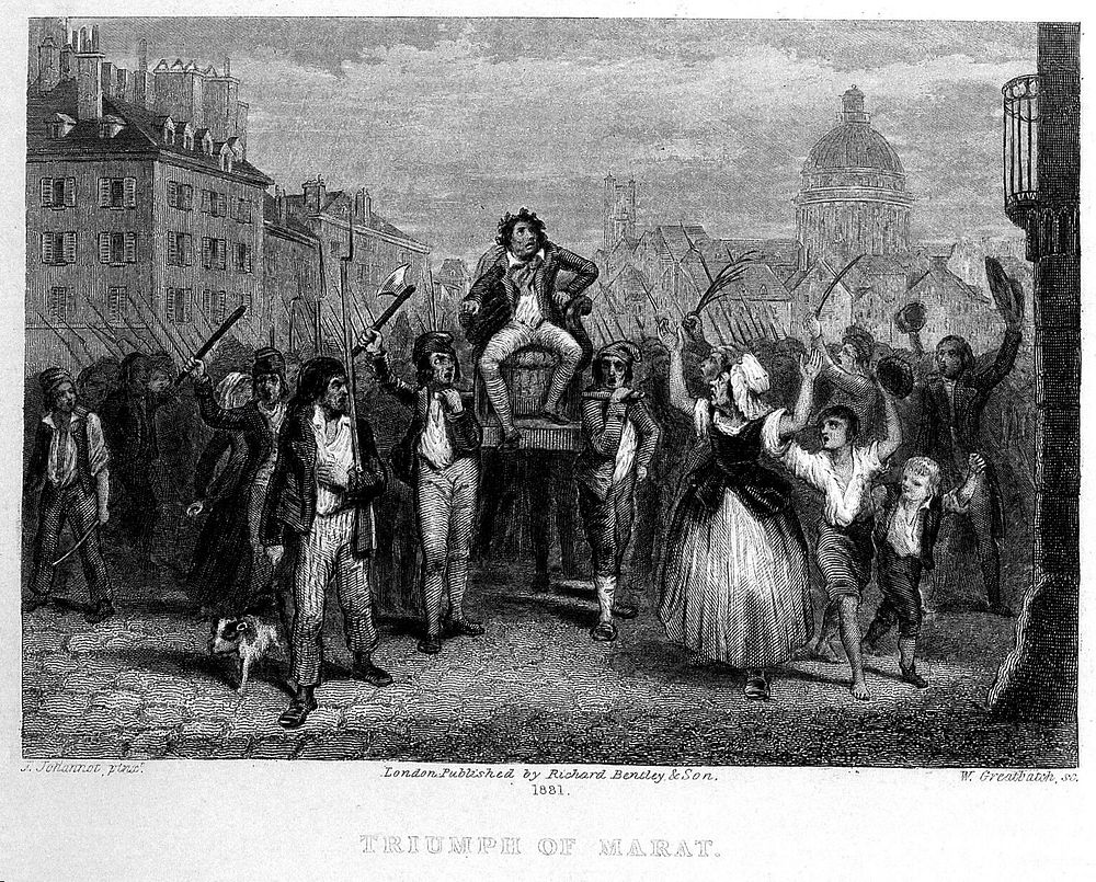 Marat, seated in a sedan chair, is carried in a triumphant procession of the revolutionary mob in the street of Paris.…