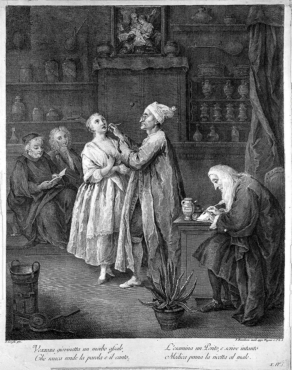 An apothecary in his shop examines the throat of a young female singer, an apprentice takes notes and other patients wait…