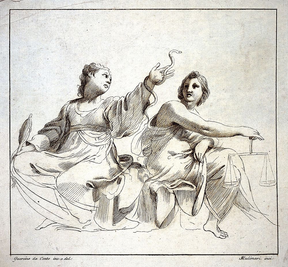 Personifications of prudence and justice. Etching by S. Mulinari after G.F. Barbieri, il Guercino.