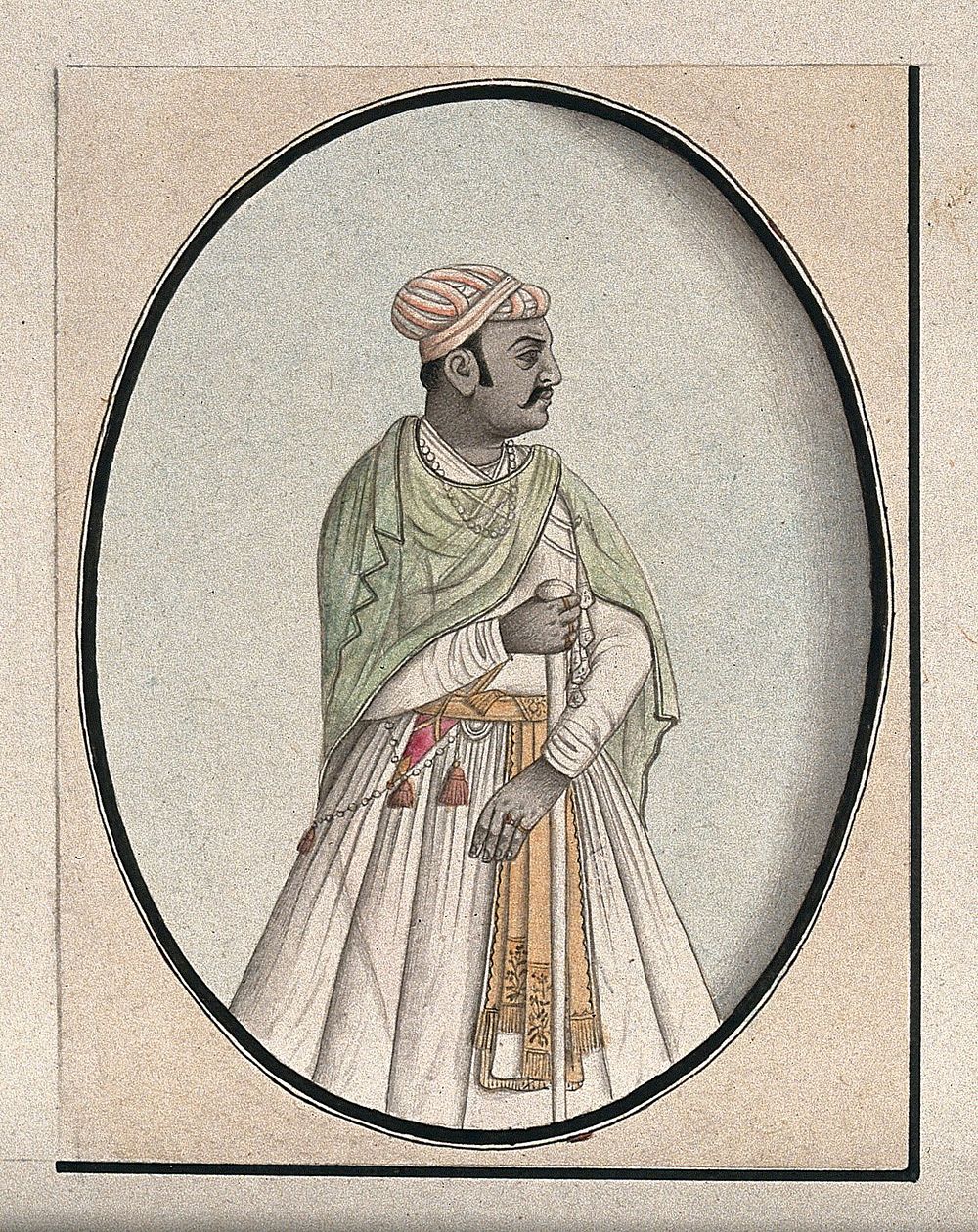 A Mughal courtier with a green scarf draped around his shoulders, holding a staff. Watercolour drawing by an Indian artist.
