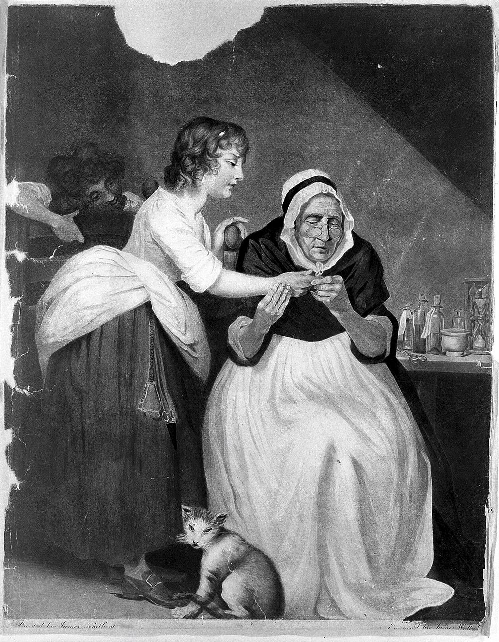 A woman doctor examining a girl's finger. Coloured mezzotint by J. Walker, ca. 1783, after J. Northcote.