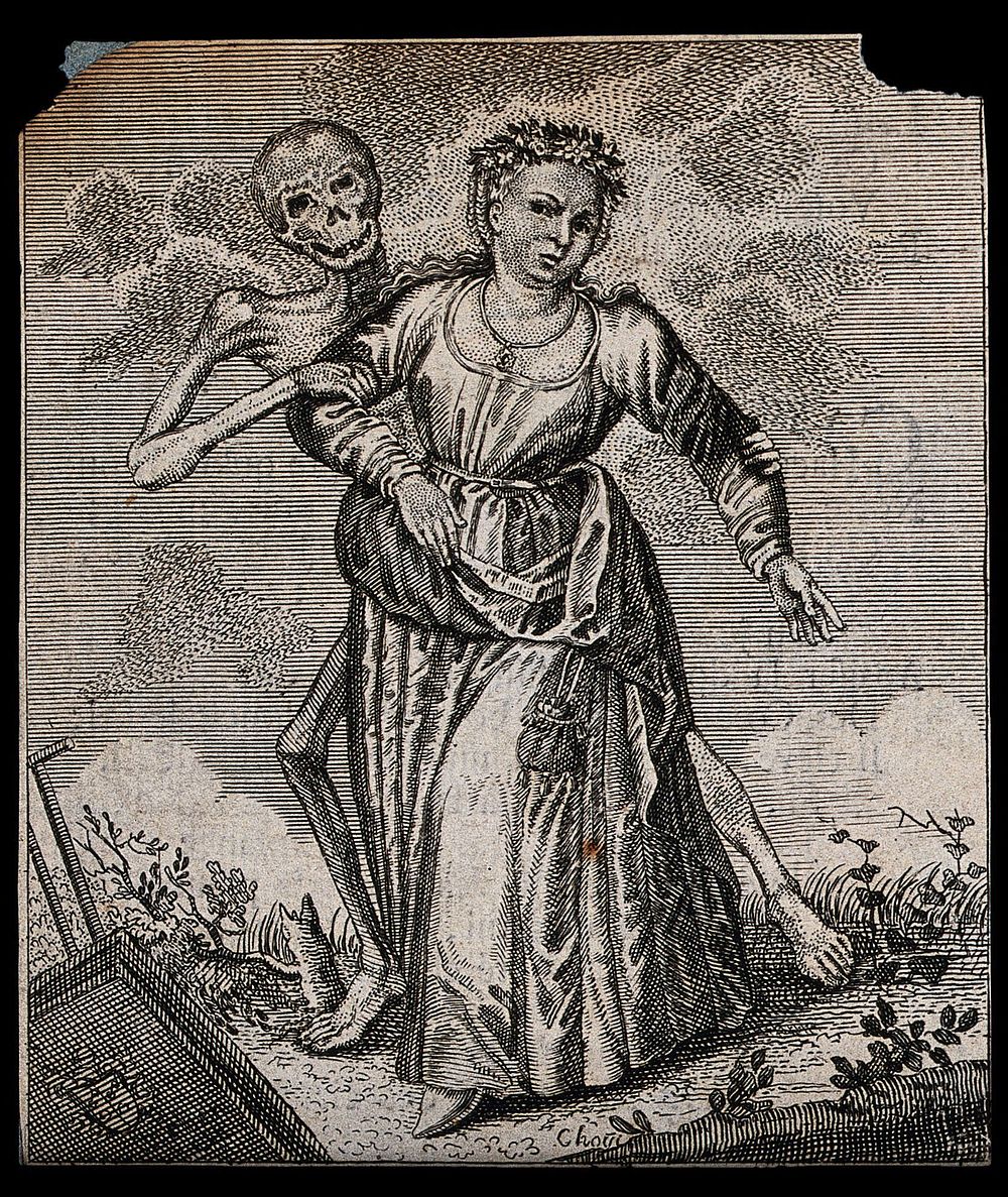 Dance of death: death and the maiden. Etching attributed to J.-A. Chovin, 1720-1776, after the Basel dance of death.