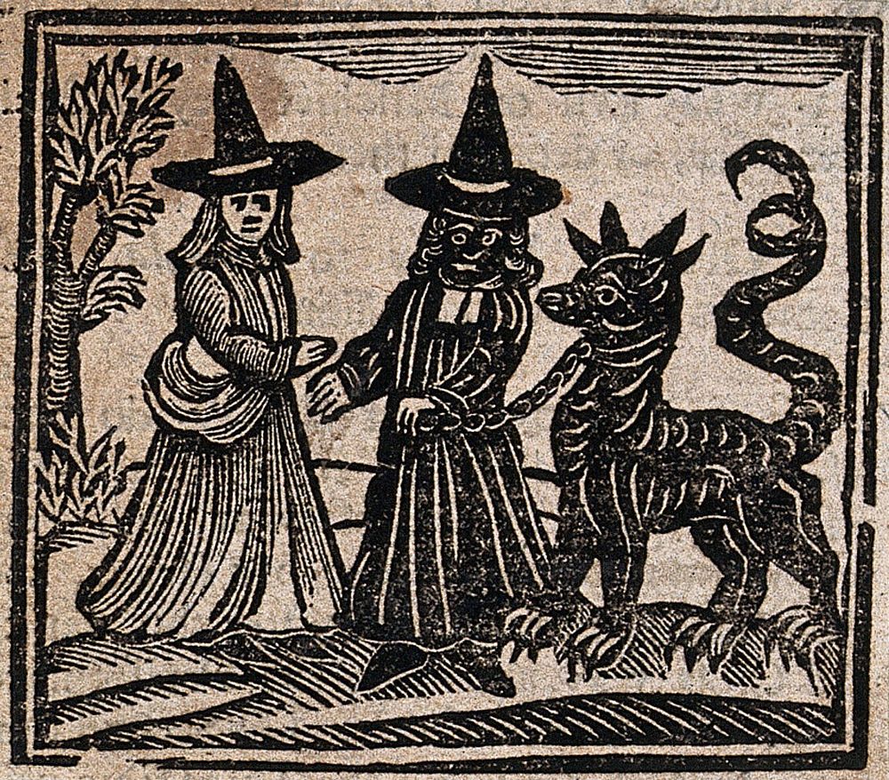 Witchcraft: a white-faced witch meeting a black-faced witch with a great beast. Woodcut, 1720.