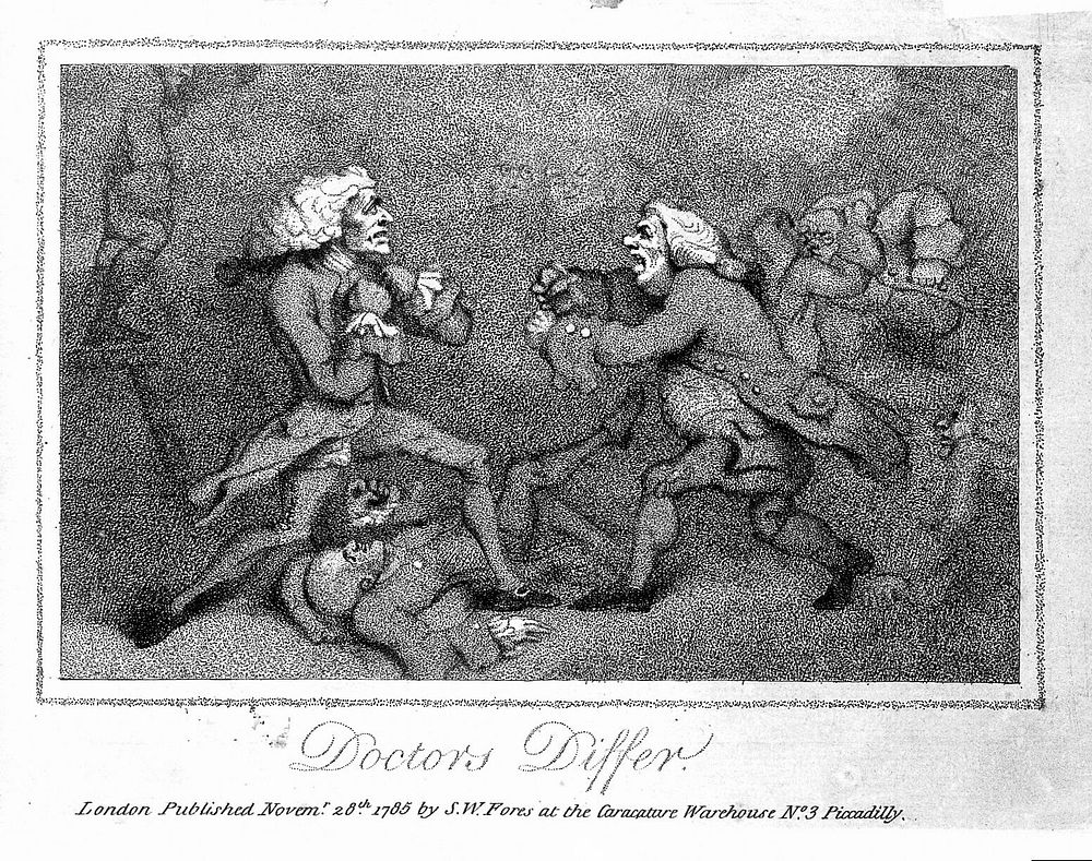 A group of doctors fighting. Stipple engraving, 1785.
