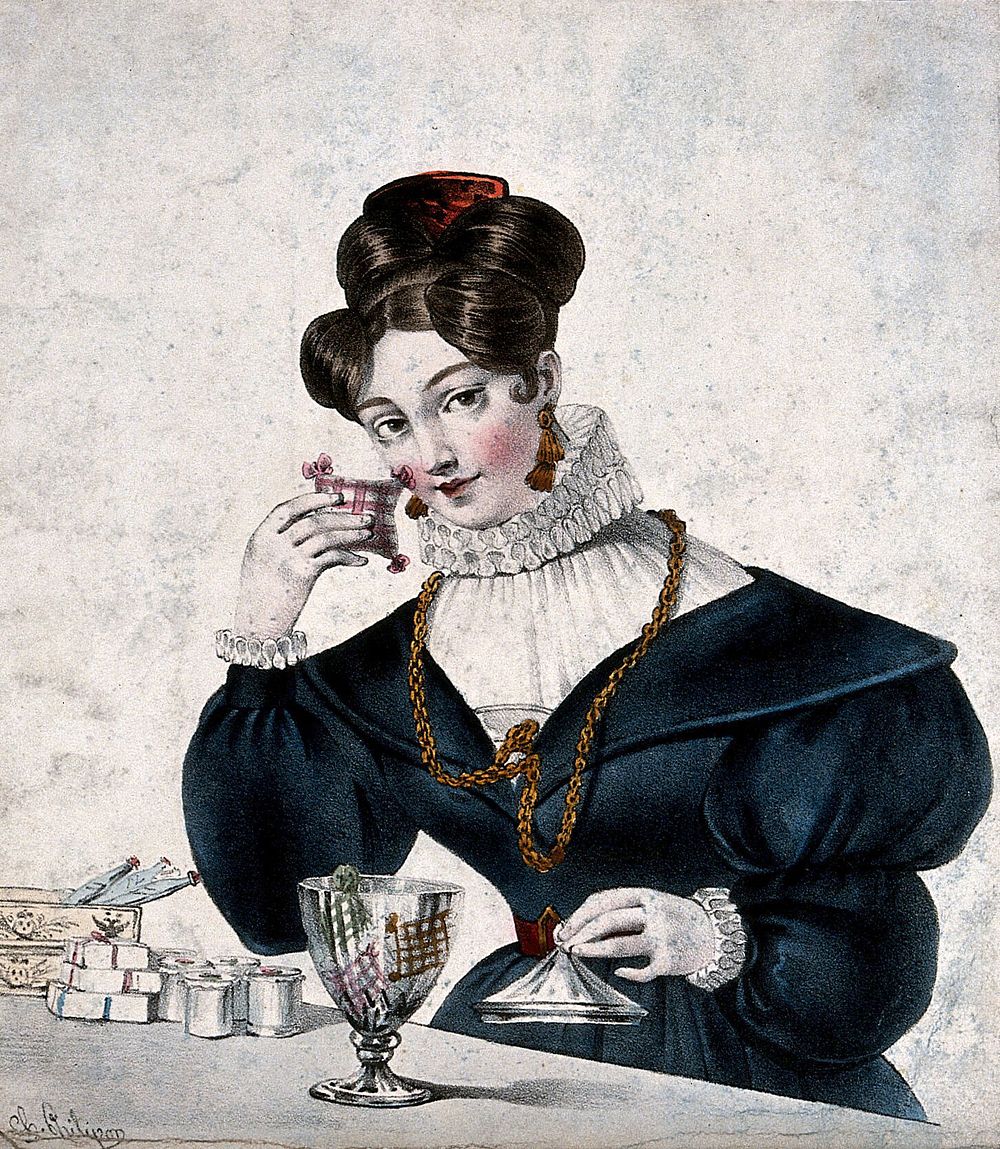 A woman perfume-seller holds a small lavender bag up to her face. Coloured lithograph by Joséphine-Clémence Formentin after…