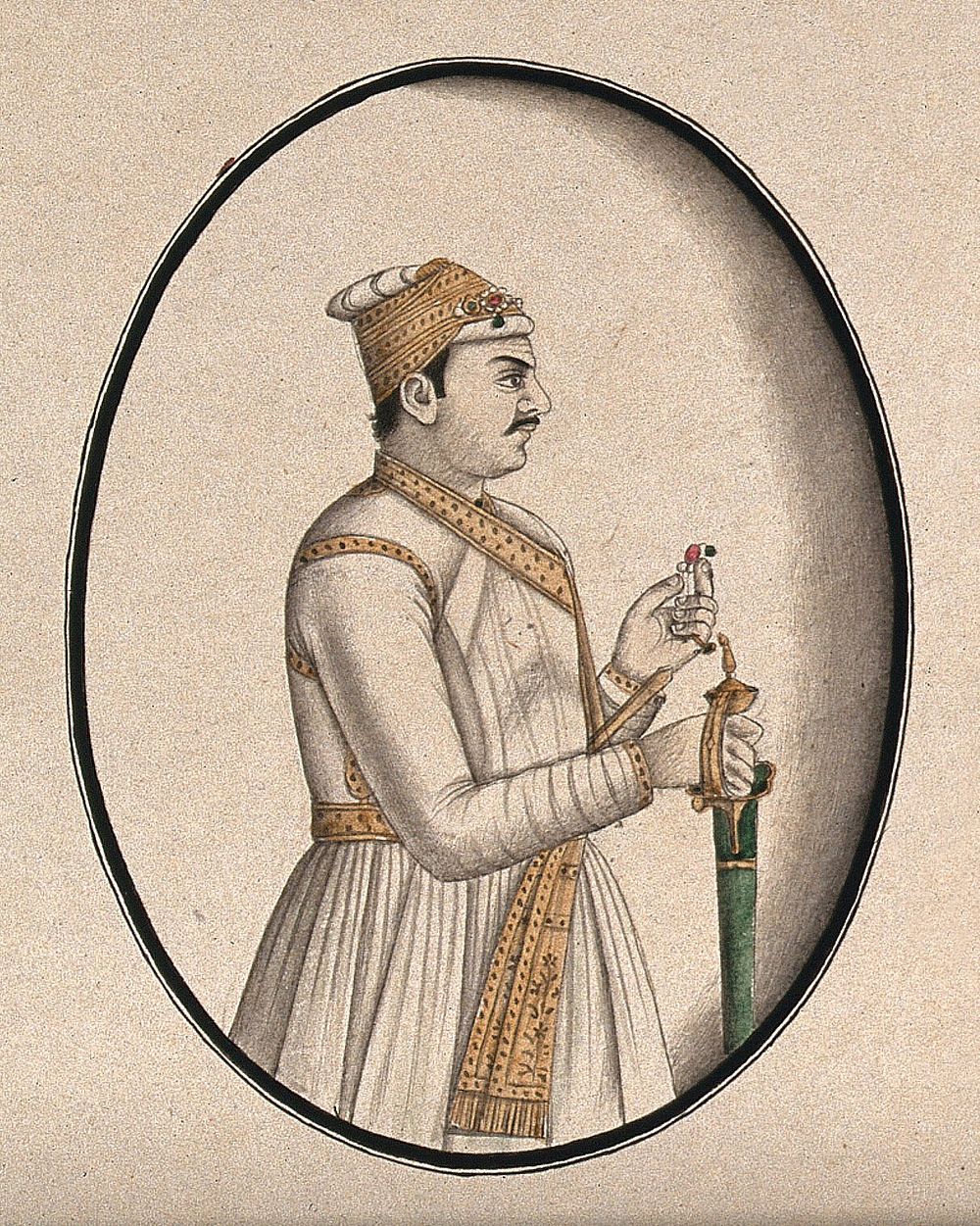 A Mughal courtier holding a green sword and a flower . Watercolour drawing by an Indian artist.
