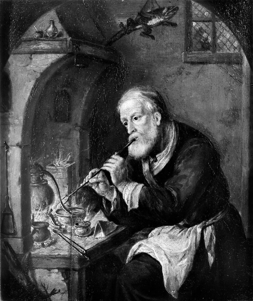 M0005187: An alchemist blowing on a fire
