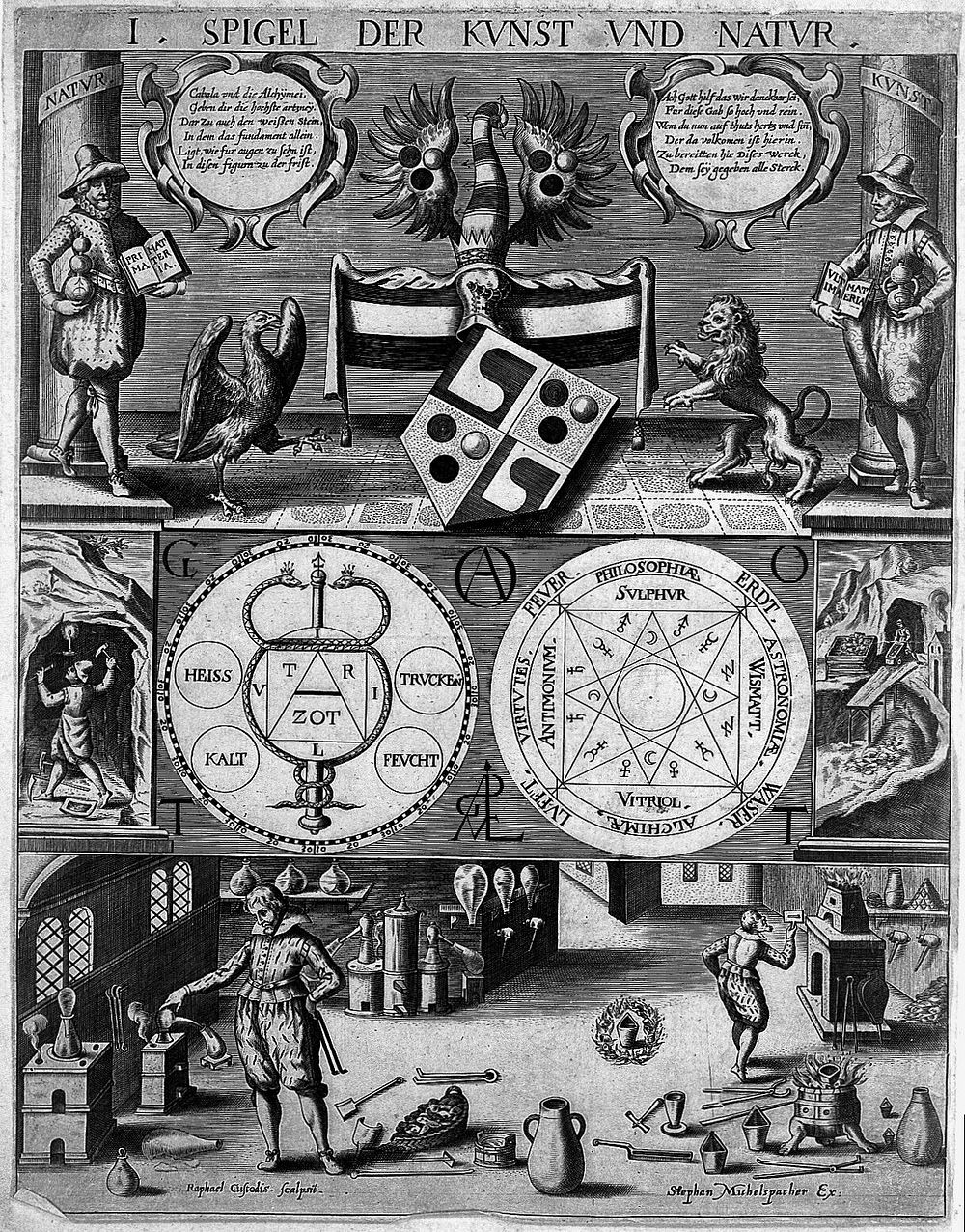 Three-tiered symbolic diagram of the art of alchemy: top level, symbols of the states of matter; middle level, cabalistic…