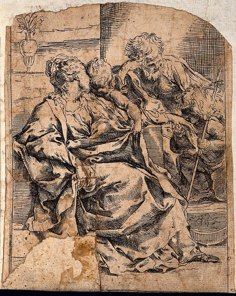 Saint Mary (the Blessed Virgin) and Saint Joseph with the Christ Child and Saint John the Baptist. Etching after G. Reni.