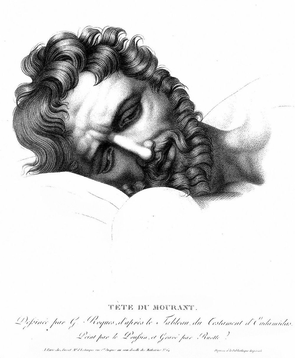 The head of the dying Eudamidas. Crayon-manner engraving by L.C. Ruotte the younger, 1810, after G. Roques after Nicolas…