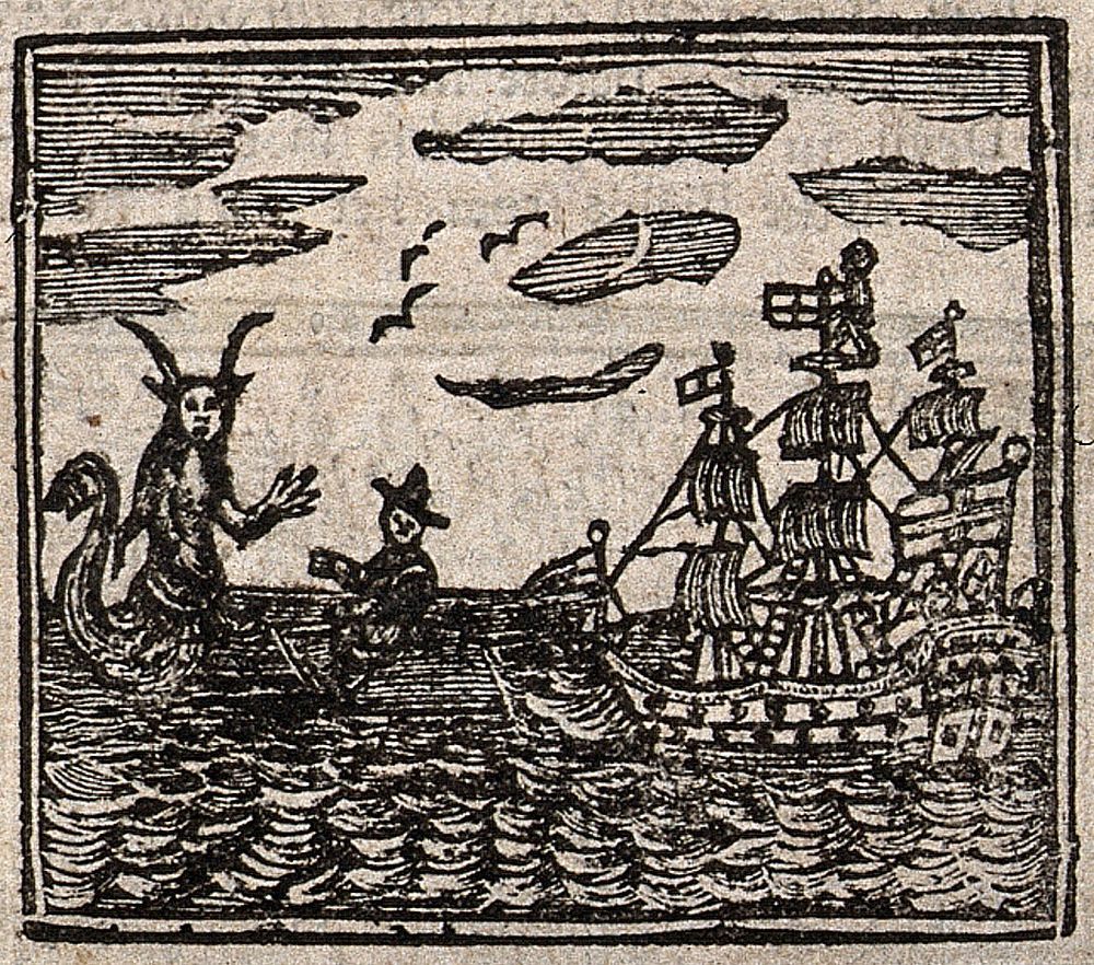 Witchcraft: a ship being confronted by a sea-devil . Woodcut, 1720.