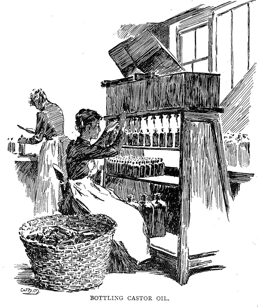 Bottling castor oil. Shops: Allen & Hansburys.