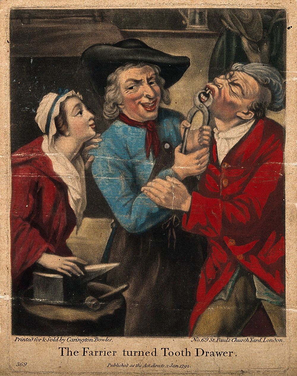 A rustic farrier turned tooth-drawer extracting a tooth from a standing man, a woman looks on. Coloured mezzotint, 1792…