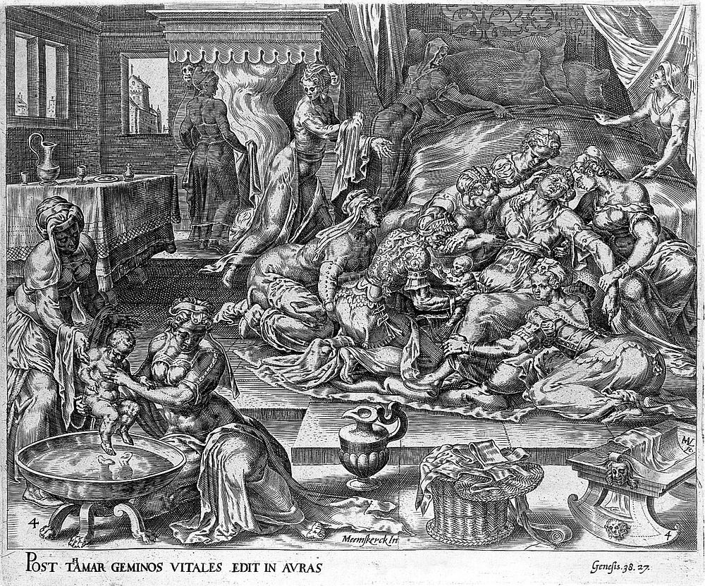 Tamar giving birth to Pharez and Zarah aided by a midwife and many assistants. Engraving by H. Muller after M. van…