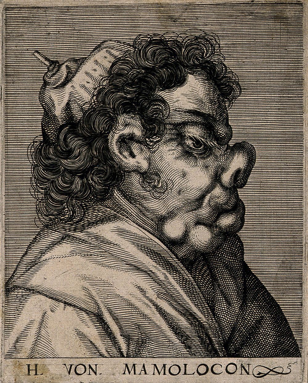 Herr von Mamolocon, a character with a grotesque face. Line engraving attributed to D. Custos.