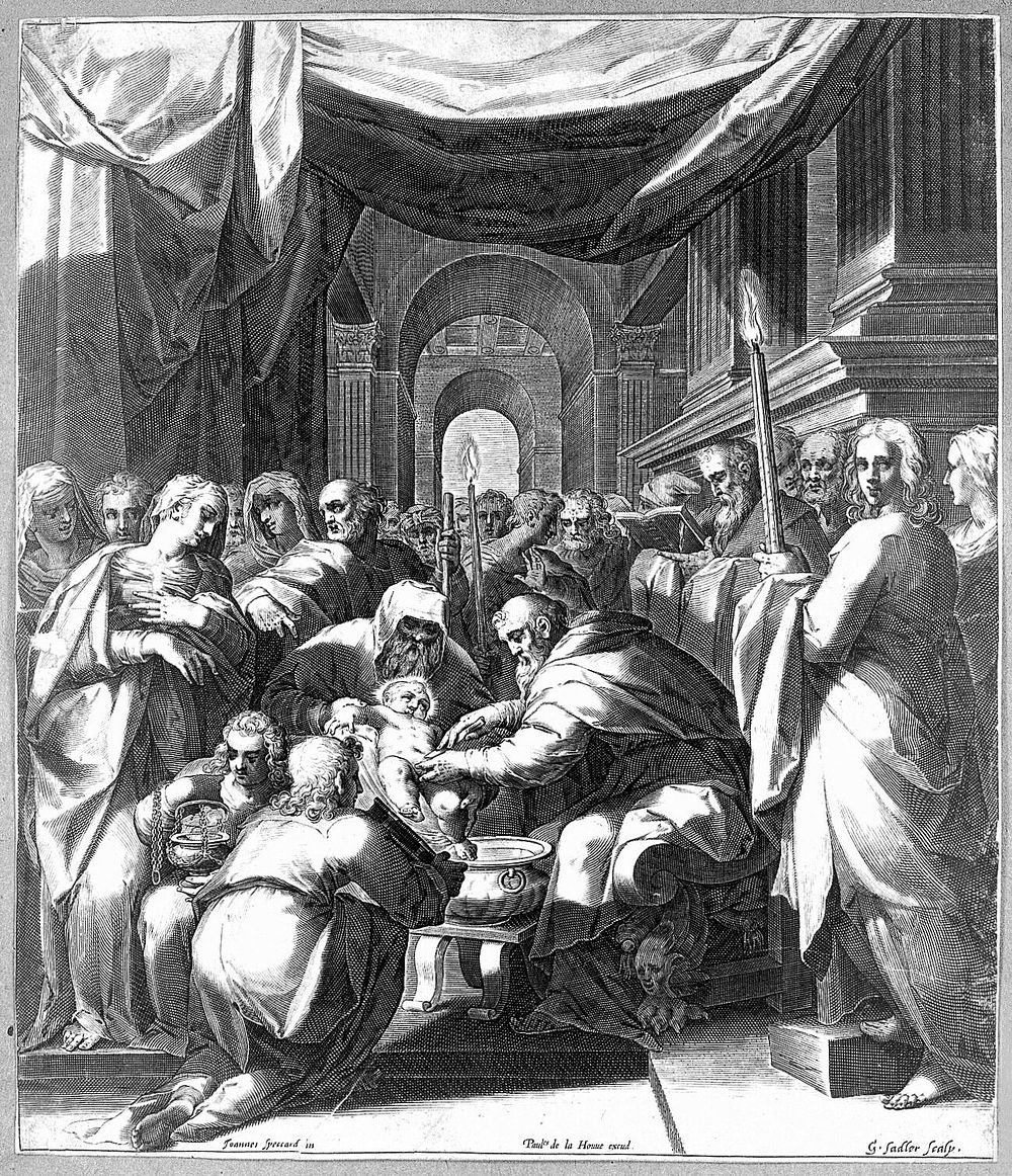 Christ is circumcised in a crowded church. Engraving by A. Sadeler after J. Speckaert.