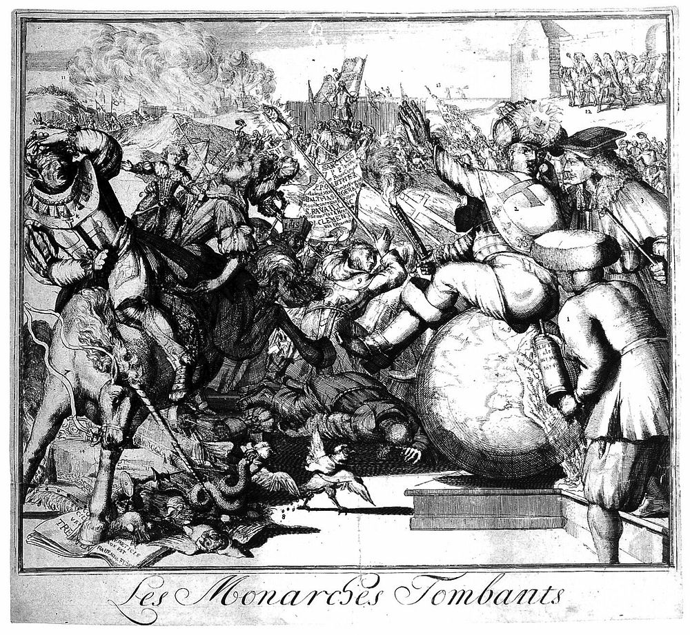 King Louis XIV receives an enema while sitting on a globe of the earth, thus besmearing it with ordure; around him, chaos…