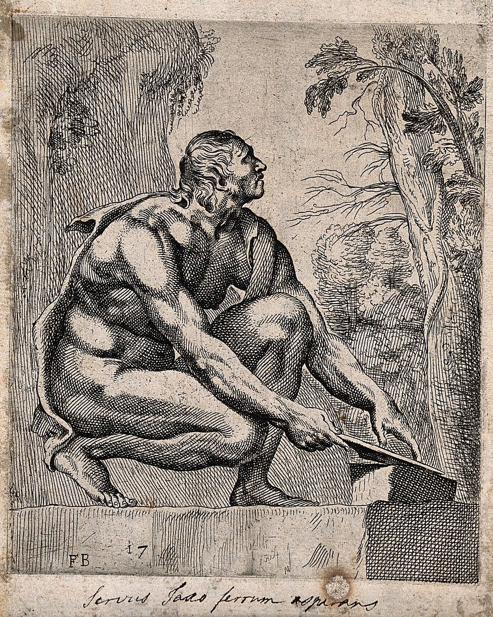 A man sharpening a blade on a whetstone. Etching by F. Perrier.