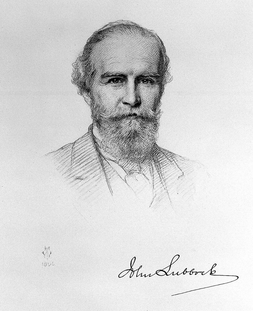 Sir John Lubbock, Baron Avebury. Reproduction after pencil drawing by H. T. Wells, 1896.