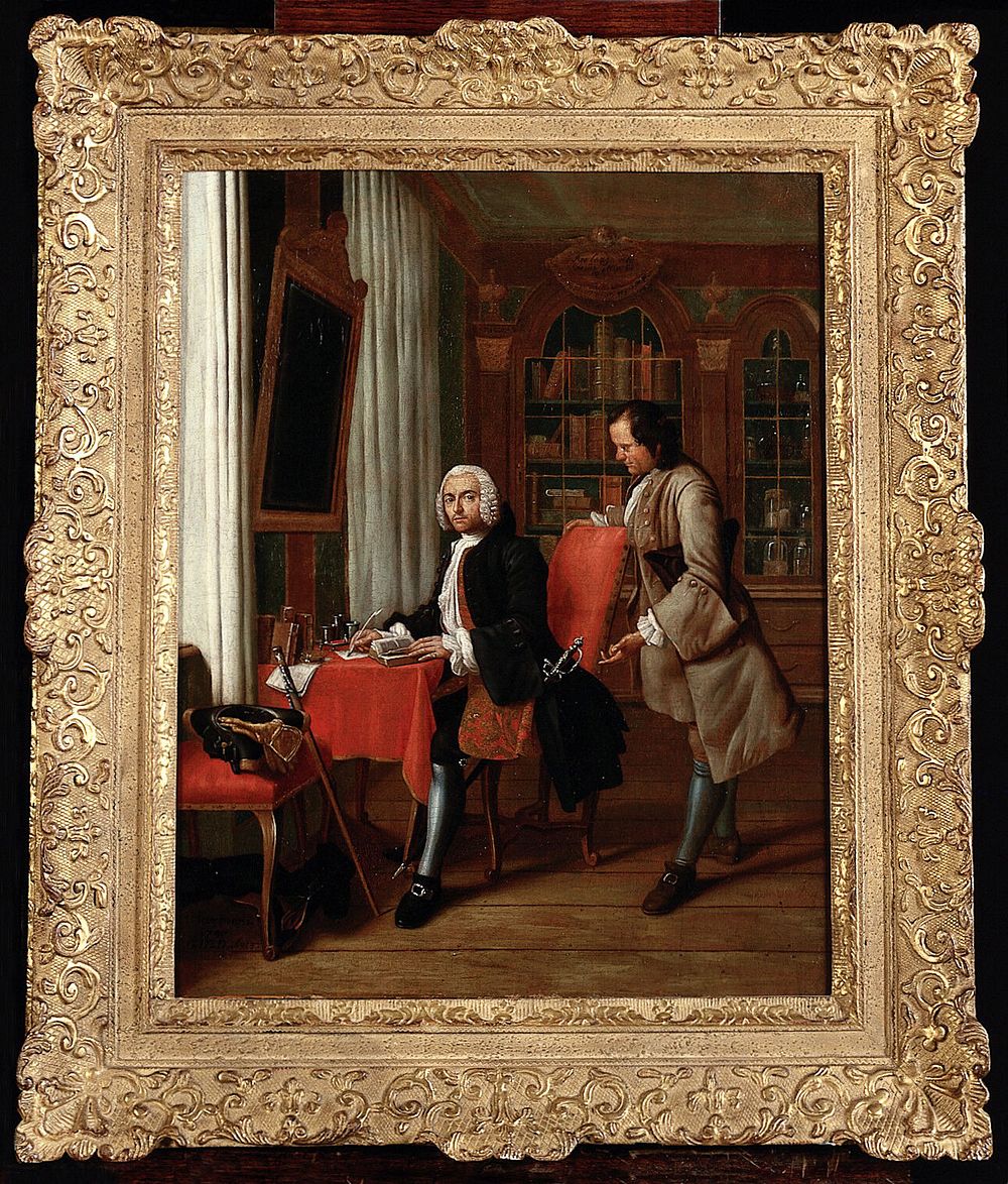 A physician in his study writing a prescription for his waiting patient. Oil painting by Pieter Jakob Horemans, 1745.