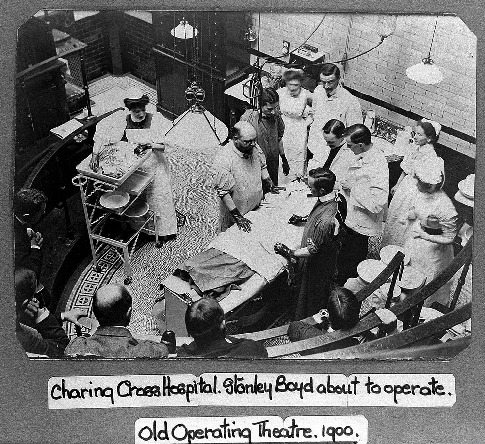 Charing Cross Hospital: Stanley Boyd in the old operating theatre. Photograph, 1900.