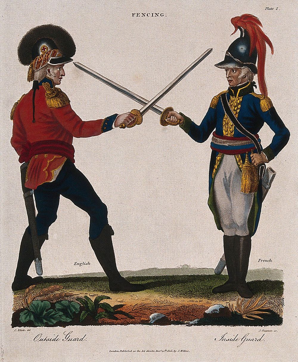 An English soldier facing a French soldier with their swords crossed. Coloured engraving by J. Chapman, 1805, after C.…