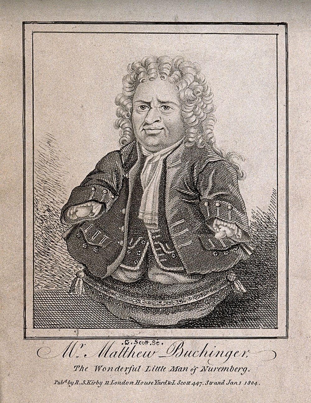 Matthias Buchinger, a phocomelic man. Etching by G. Scott, 1804.