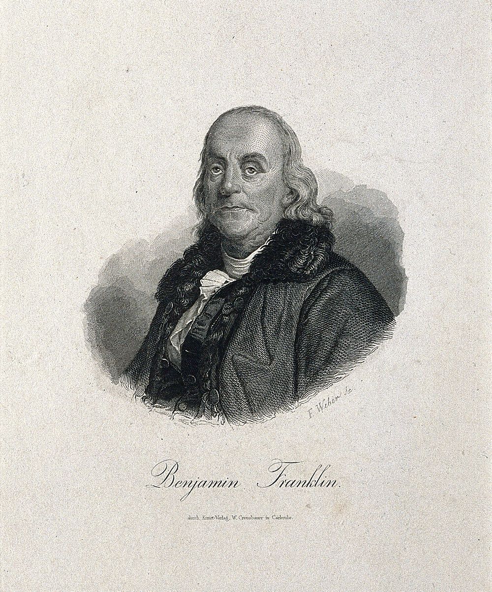 Benjamin Franklin. Line engraving by F. Weber after J. S. Duplessis, 1778.
