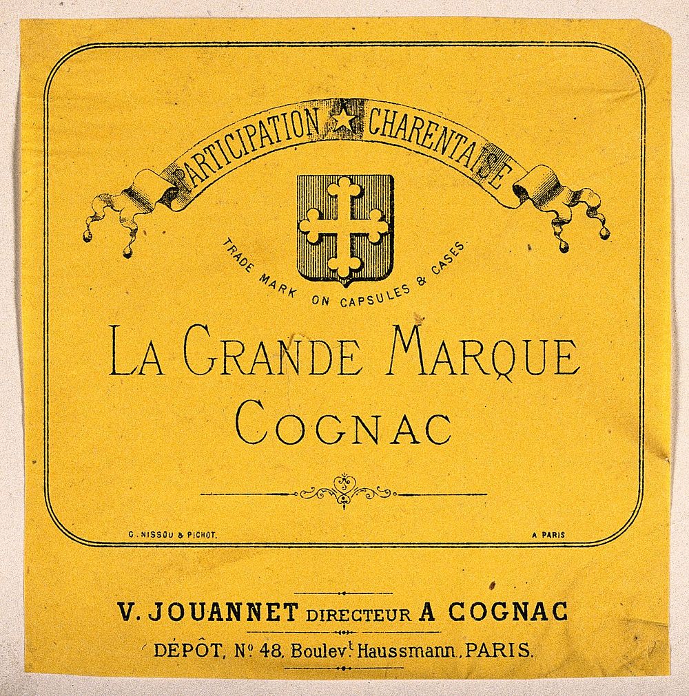 An ornamental French cognac label. Lithograph by G. Nissou and Pichot, 19th century.