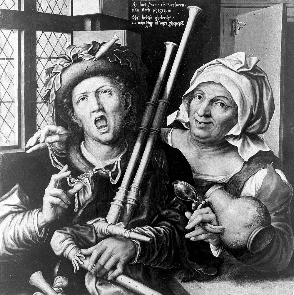A bagpiper and a woman taking his purse, by Pieter Huys, 1571.