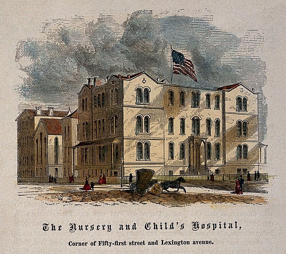 Nursery and Child's Hospital, New York. Coloured wood engraving.