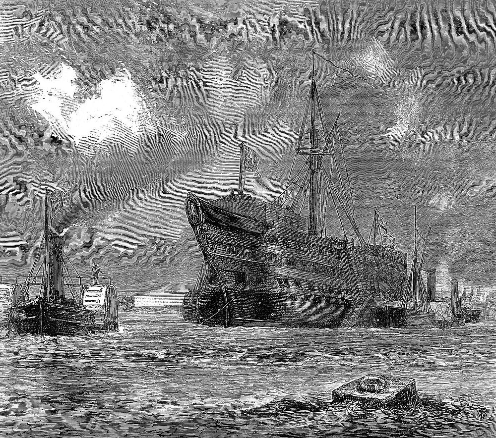 H.M.S. Dreadnought, a hospital ship, being towed to the breakers by tugs. Wood engraving by T. Williams, November 1872.