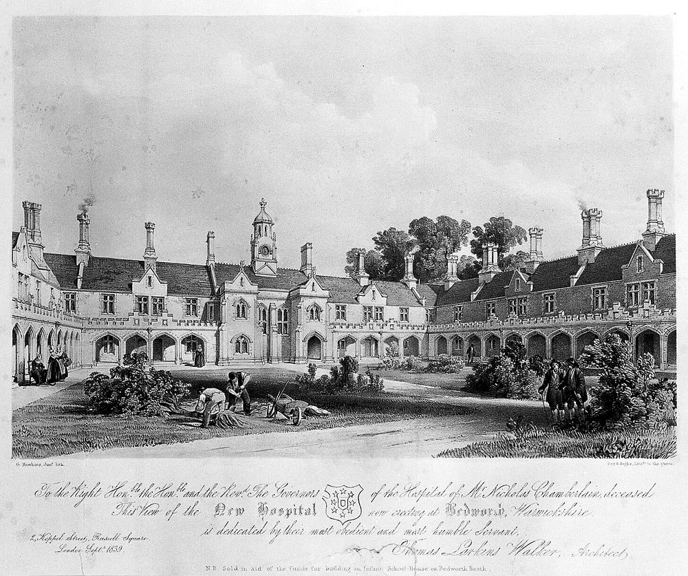 Courtyard view of the New hospital and grounds, Bedworth, Warwickshire. Coloured lithograph by G. Hawkins the younger, 1839.