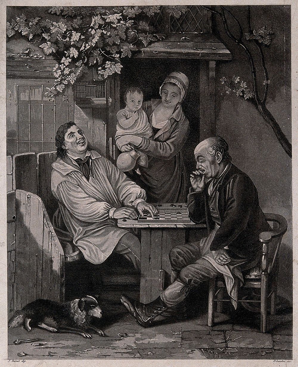 Two men are sitting outside a cottage playing draughts; a woman is in the doorway holds a child and a jug. Aquatint by D.…