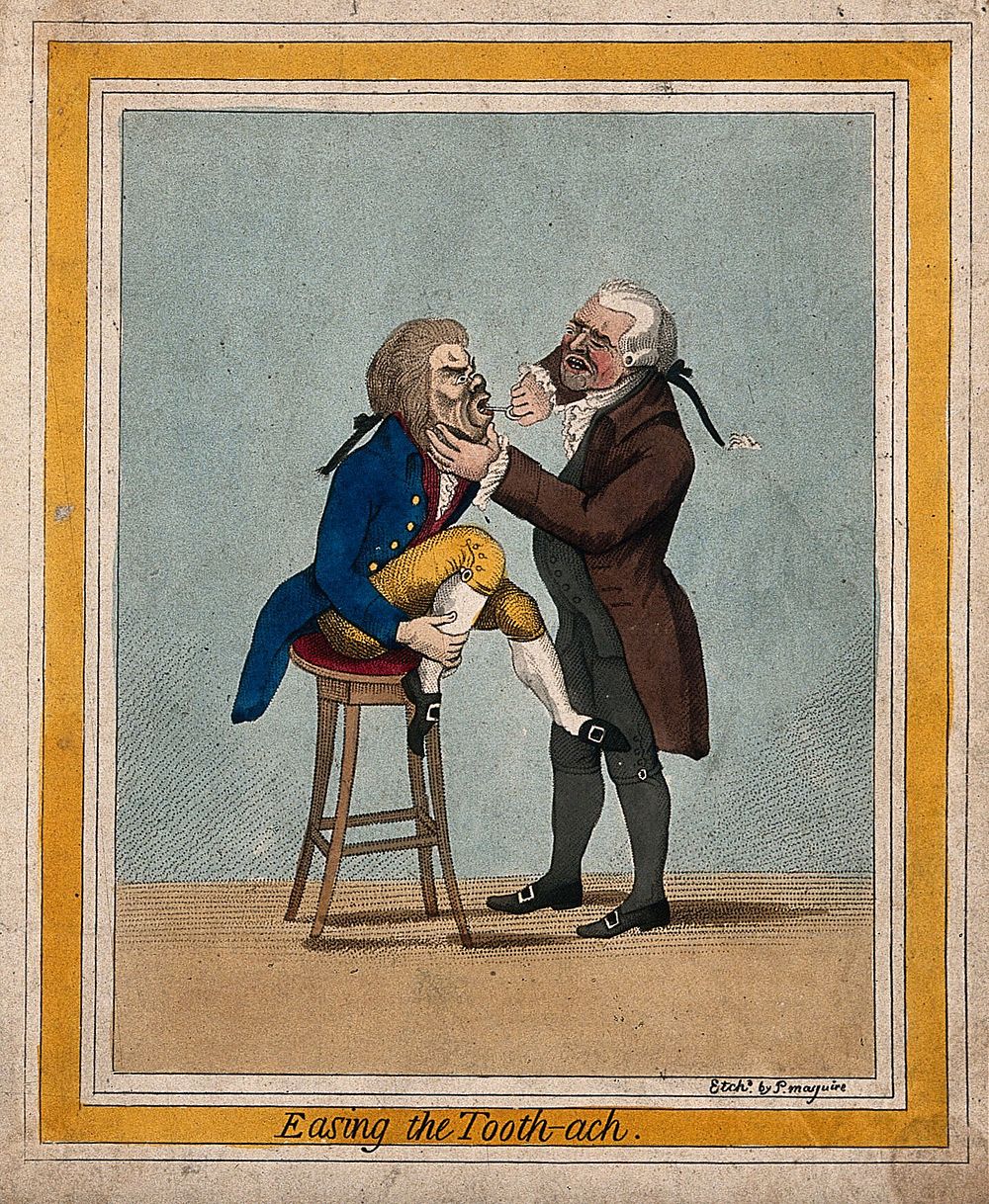 A tooth-drawer extracting a tooth from a patient who is seated on a stool. Coloured stipple engraving by P. Maguire after J.…