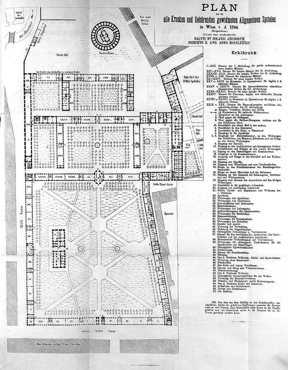 Plan des fur alle Kranken und Gebarenden gewidmeten Allgemeinen Spitales in Wien. V.J. 1784.