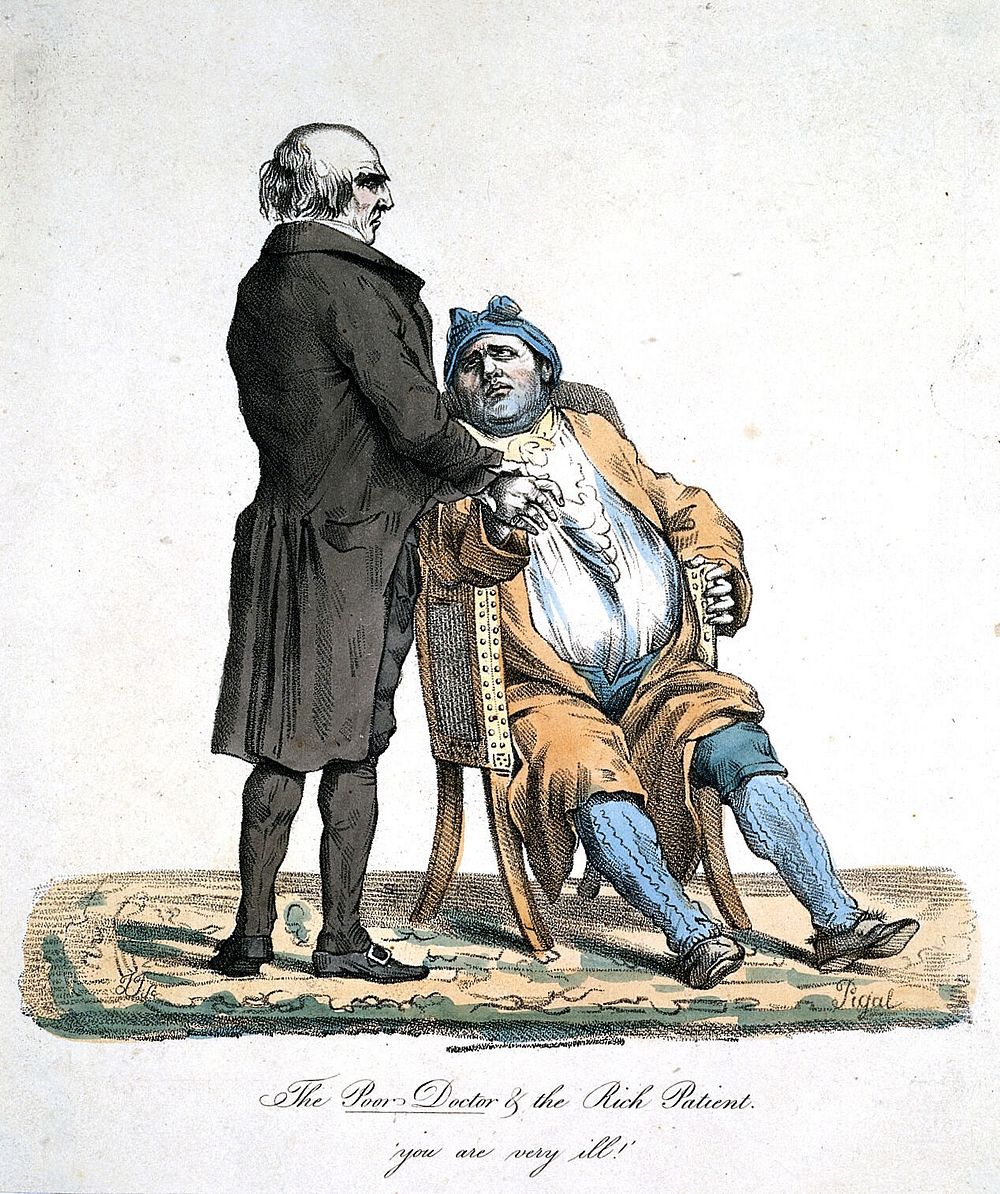 A poor doctor takes the pulse of a rich, corpulent patient and announces that he is very ill. Coloured stipple engraving by…