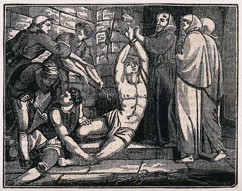 A man in a loincloth is tied to a wall by his wrists having his flesh pierced with pliers while three monks look on. Wood…