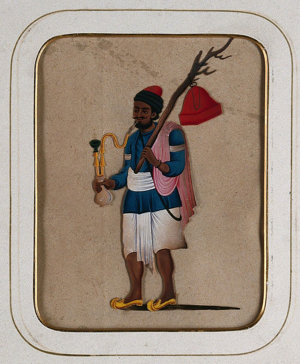 A man smoking a hookah pipe and holding a branch with a red object hanging from it. Gouache painting on mica by an Indian…