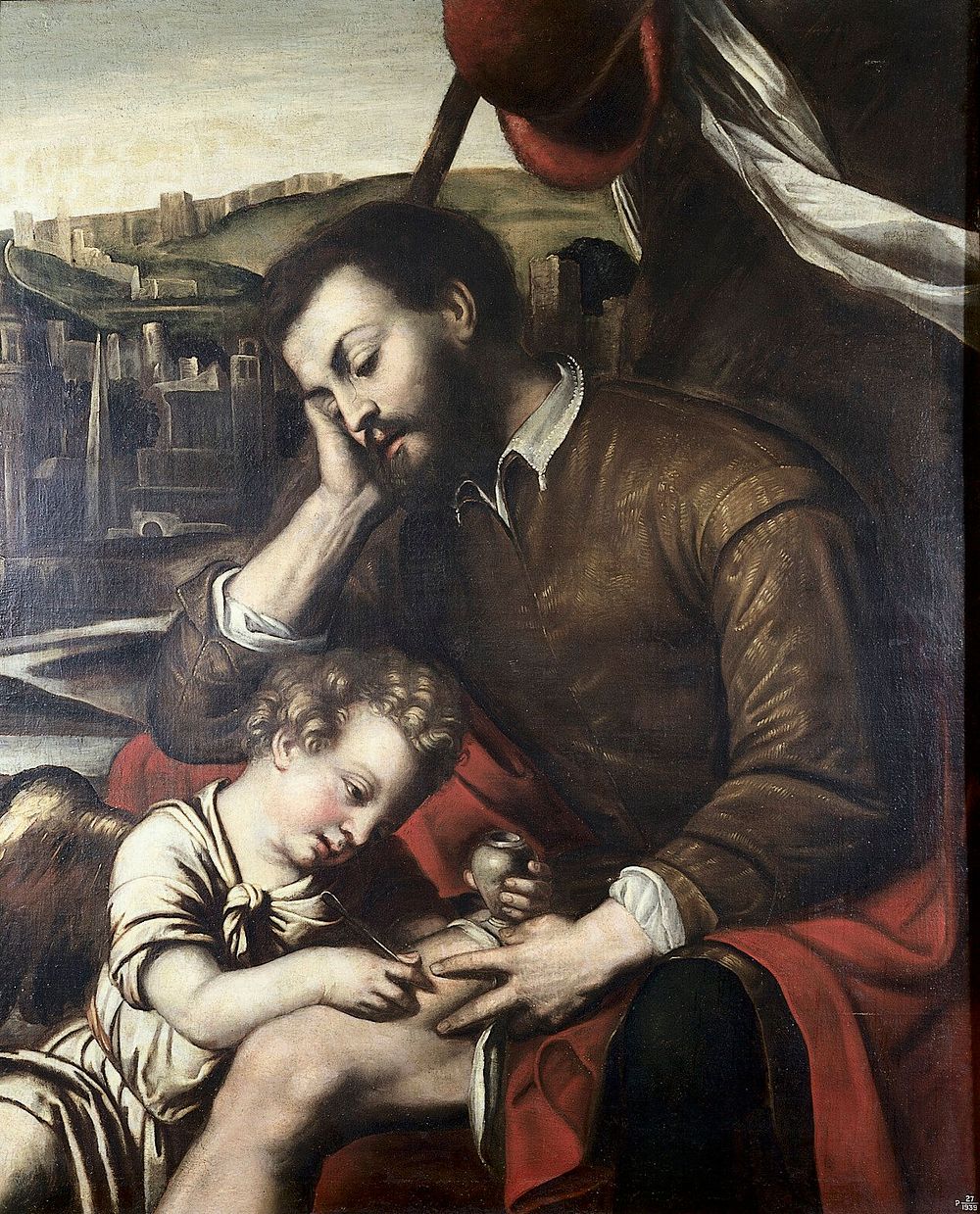 Saint Roch and the angel. Oil painting by a Lombard painter, 17th century, after Alessandro Bonvicino, il Moretto.