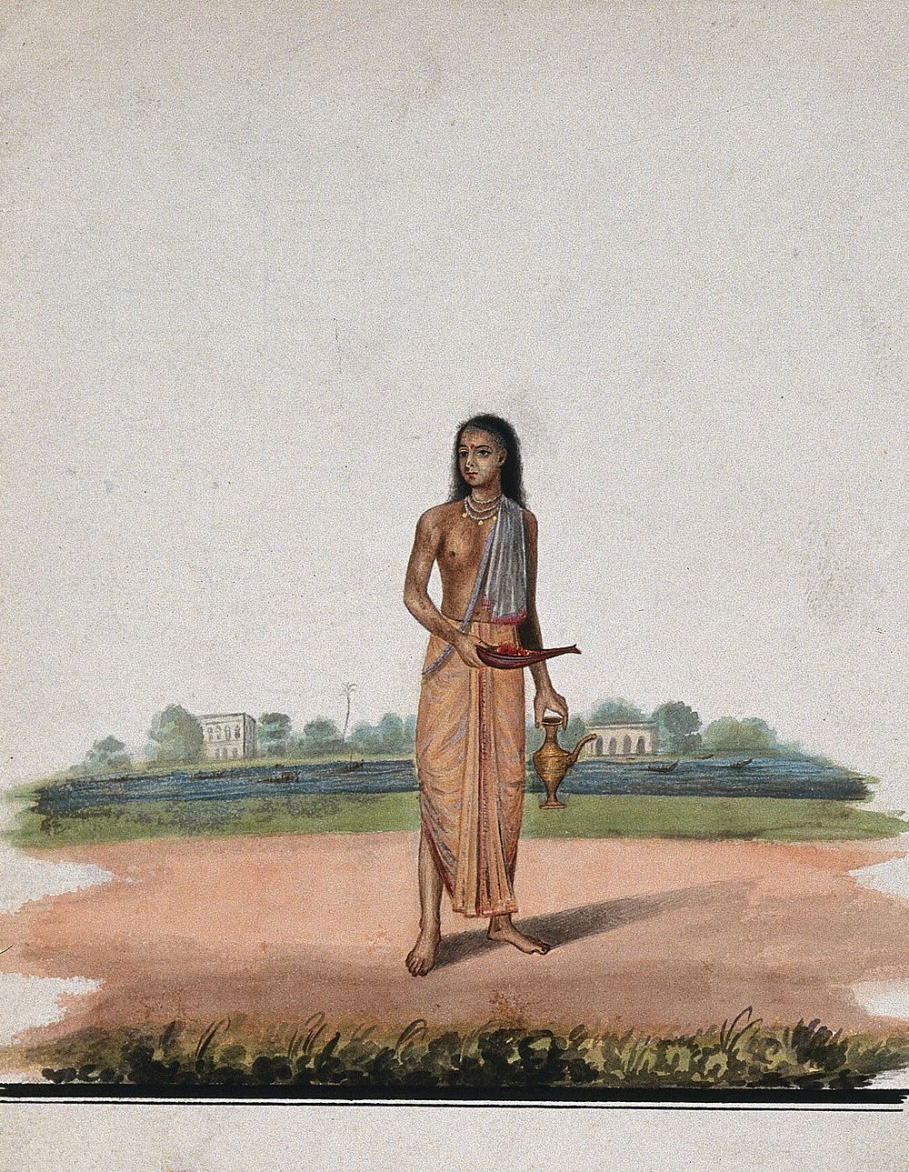 A brahmin carrying puja accessories. Watercolour by an Indian artist.