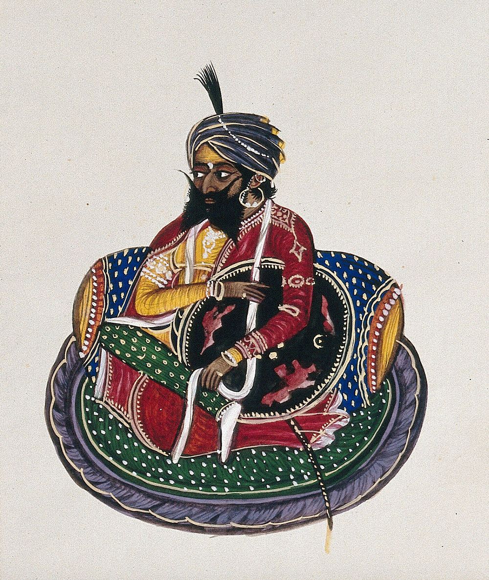 A Sikh nobleman. Gouache painting by an Indian painter.