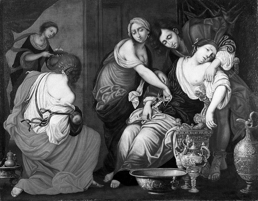 The birth of Benjamin and the death of Rachel. Oil painting after Francesco Furini.