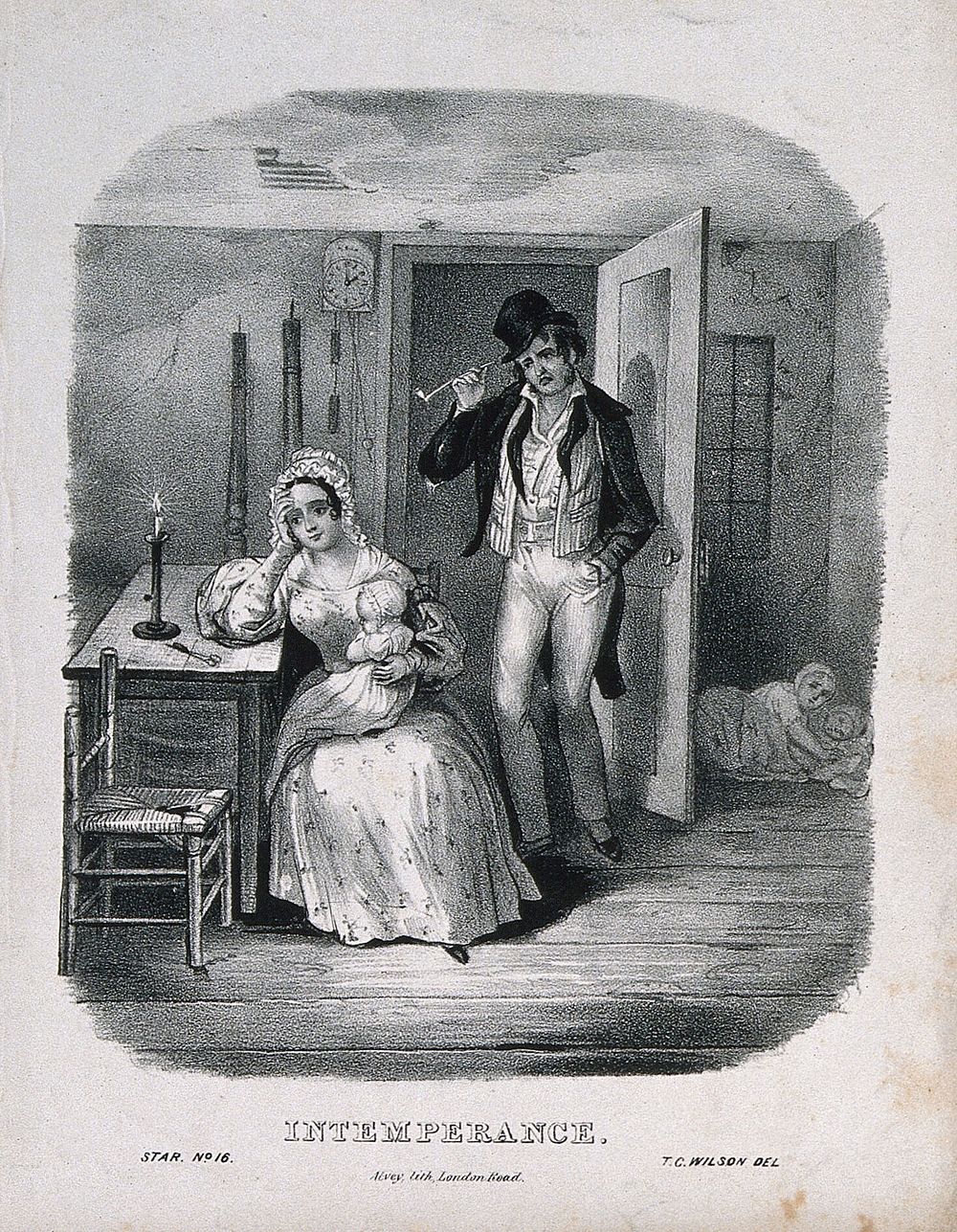 The evil effects of intemperance on a man and his family. Lithograph by Alvey, c. 1840, after T.C. Wilson.