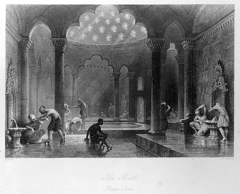 A Turkish bath. Engraving by M.J. Starling after T. Allom.