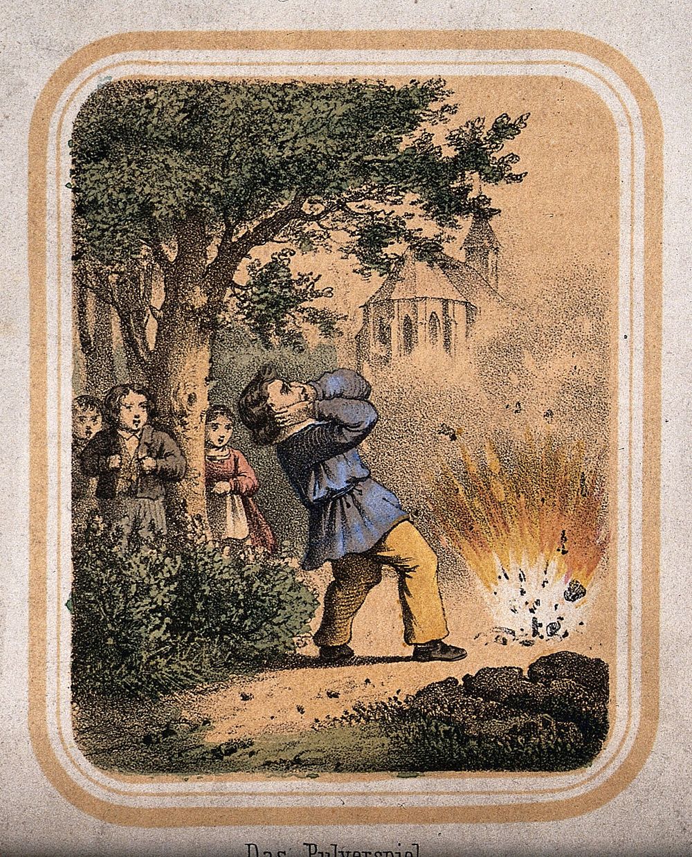 A small boy puts his hands over his ears as a firecracker explodes in front of him. Coloured lithograph.