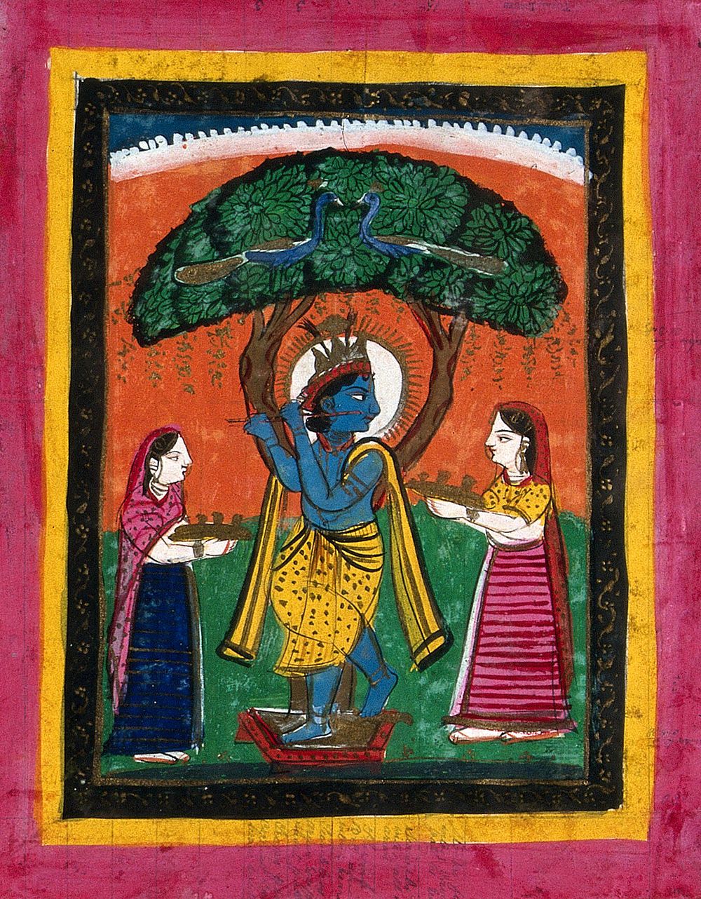 Page 154: Krishna playing his flute under a tree with two devotees. Gouache drawing.