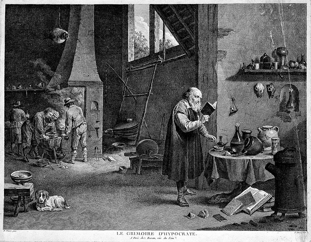 An alchemist reading a book; his assistants stirring the crucible on the other side of the room. Engraving by P.F. Basan…