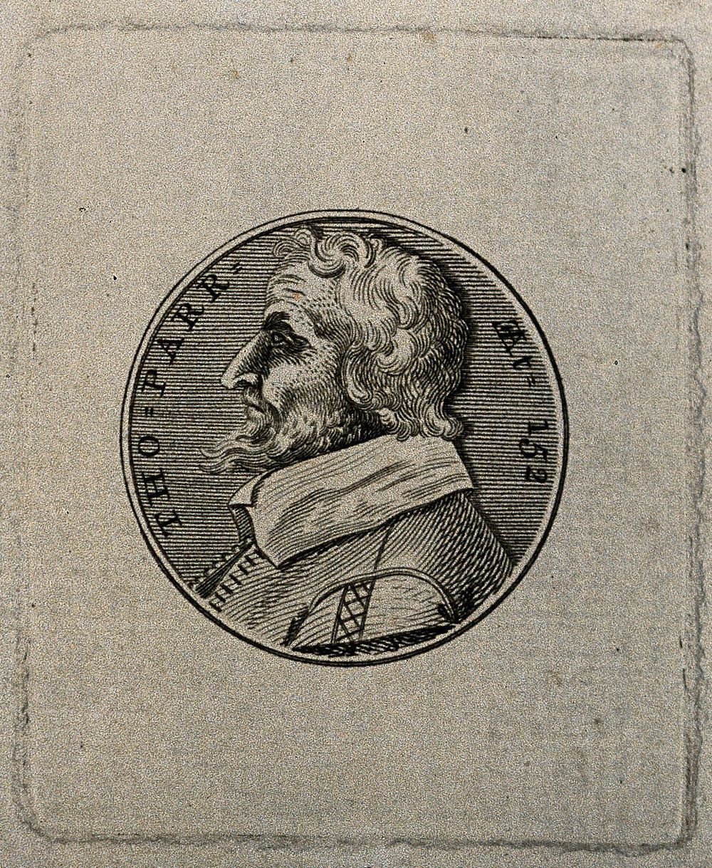 Thomas Parr, aged 152. Line engraving after T. Simon.